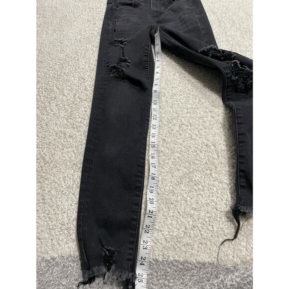 American Eagle Sz 0 Stretch Hi Rise Straight Leg Distressed Raw Hem Jeans Black - Picture 2 of 11